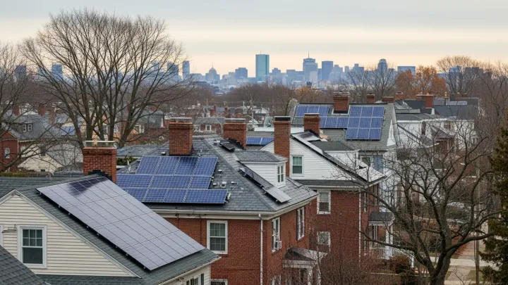 Boston skyline with solar panels on residential rooftops in Greater Massachusetts Boston skyline with solar panels on residential rooftops in Greater Massachusetts