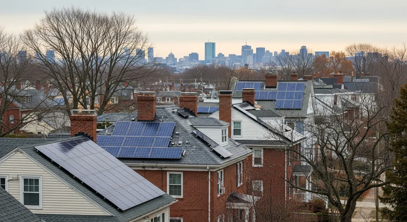 Boston skyline with solar panels on residential rooftops in Greater Massachusetts