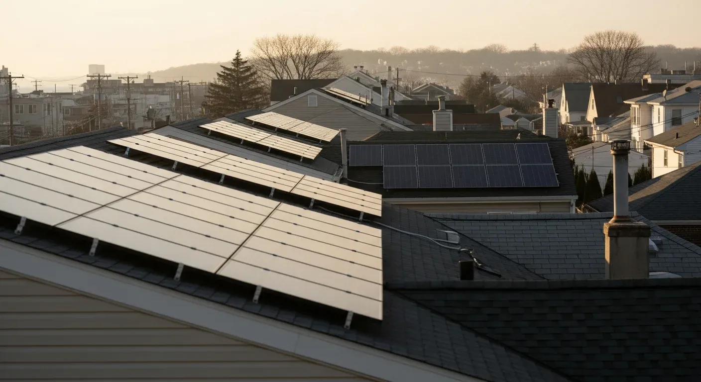 New Jersey suburban homes with solar panels installed on roofs overlooking Atlantic coastline
