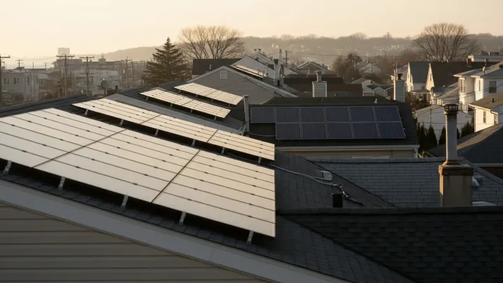 New Jersey suburban homes with solar panels installed on roofs overlooking Atlantic coastline New Jersey suburban homes with solar panels installed on roofs overlooking Atlantic coastline