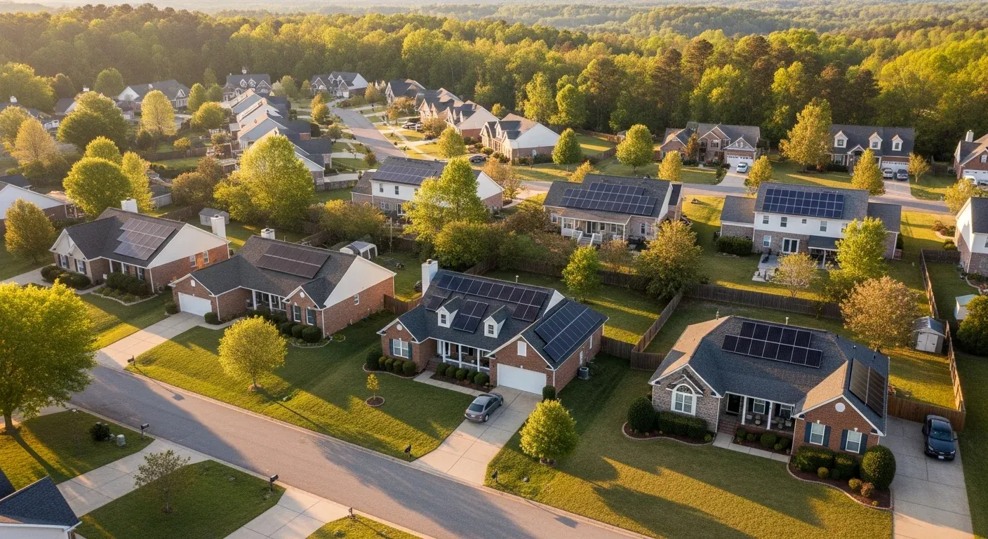 Aerial view of North Carolina showing Piedmont region with residential homes and solar panels installed on rooftops