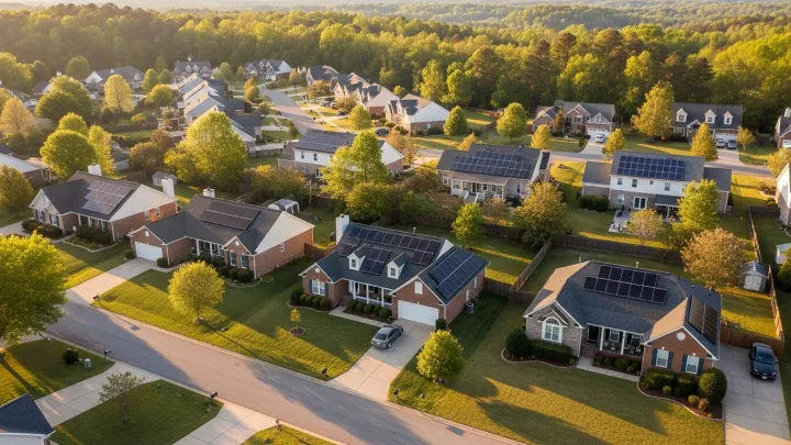 Aerial view of North Carolina showing Piedmont region with residential homes and solar panels installed on rooftops Aerial view of North Carolina showing Piedmont region with residential homes and solar panels installed on rooftops