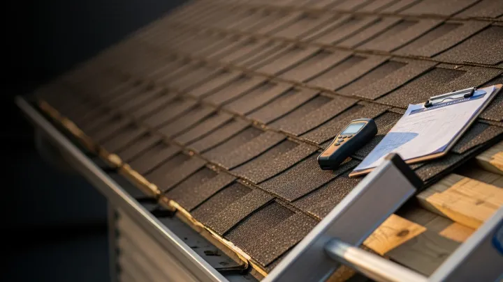 A Nespola Solar Solutions roofing contractor inspecting shingles, flashing, and gutters on a residential roof. The inspector documents findings on a clipboard during a professional roof inspection for a homeowner. A Nespola Solar Solutions roofing contractor inspecting shingles, flashing, and gutters on a residential roof. The inspector documents findings on a clipboard during a professional roof inspection for a homeowner.