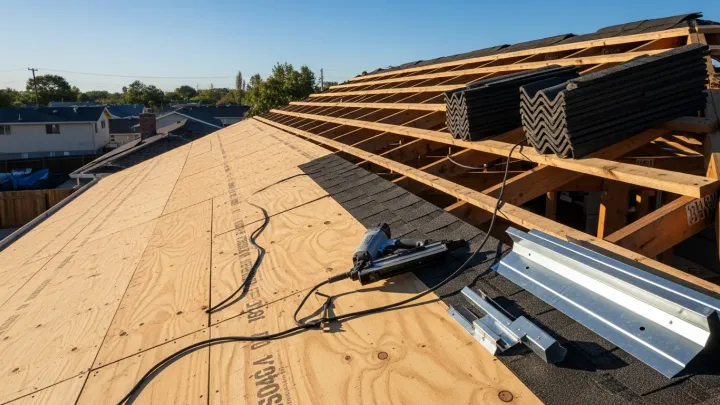 A completed residential roof replacement showing a clean, fully installed roofing system on a two-story home. The image shows uniform surface coverage, straight ridge lines, and proper edge finishing on a clear day. A completed residential roof replacement showing a clean, fully installed roofing system on a two-story home. The image shows uniform surface coverage, straight ridge lines, and proper edge finishing on a clear day.