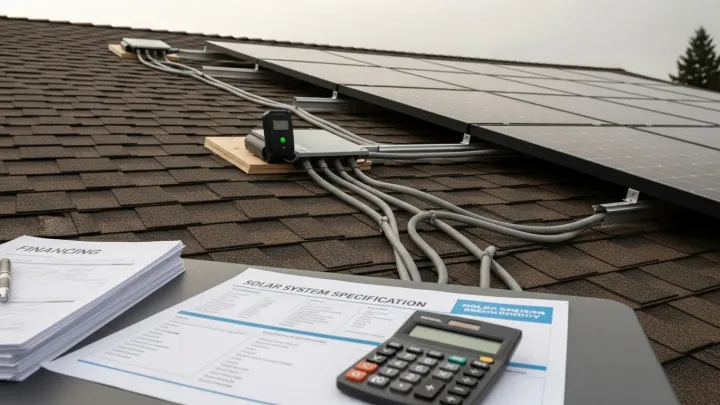 A residential home with solar panels installed on a pitched roof, representing an owned solar system financed through Nespola Solar Solutions. A homeowner reviews financing documents at a kitchen table with a solar contractor. A residential home with solar panels installed on a pitched roof, representing an owned solar system financed through Nespola Solar Solutions. A homeowner reviews financing documents at a kitchen table with a solar contractor.