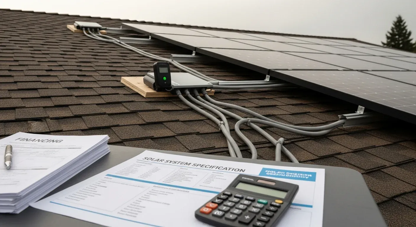 A residential home with solar panels installed on a pitched roof, representing an owned solar system financed through Nespola Solar Solutions. A homeowner reviews financing documents at a kitchen table with a solar contractor.