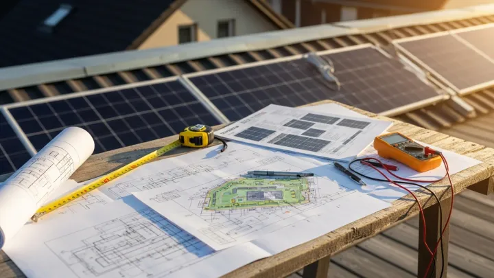 A detailed solar system design plan set showing panel layout and electrical schematic for a residential rooftop installation. The document includes array placement, string sizing, and site-specific notes prepared for AHJ review.