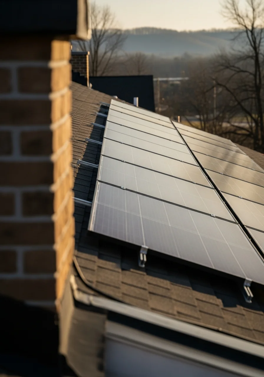 Solar panels installed on Delaware County home with Delaware River valley landscape in background