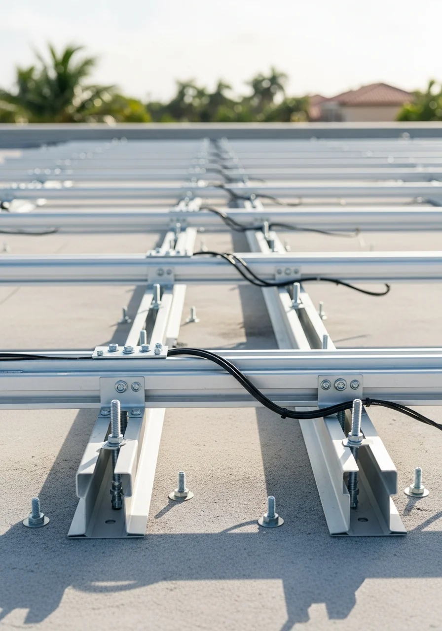 Worker securing structural elements in preparation for Florida weather conditions.
