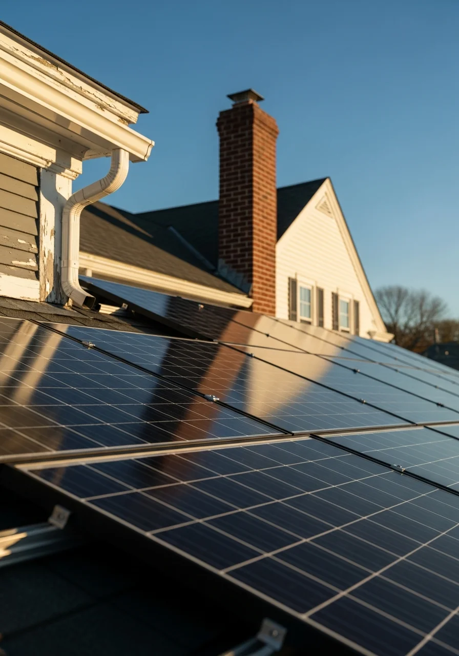 Solar installation crew working on Massachusetts home with blue sky background