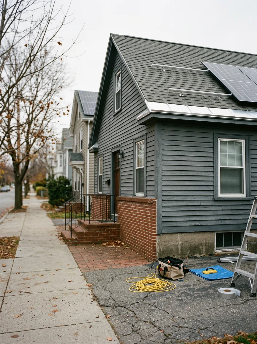 Roof inspection on a Massachusetts home showing shingles and flashing