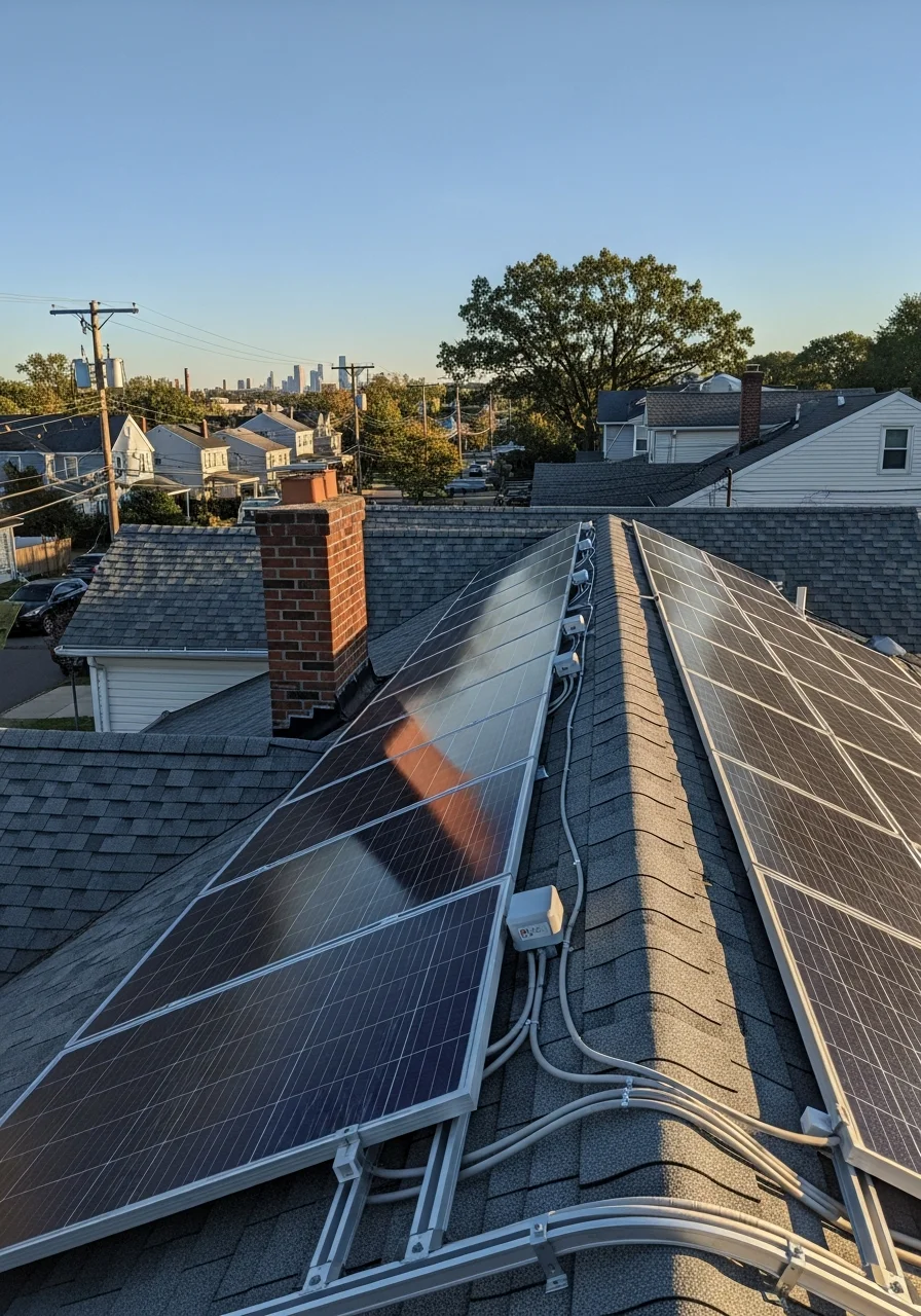 Professional solar installation team working on residential rooftop in New Jersey neighborhood