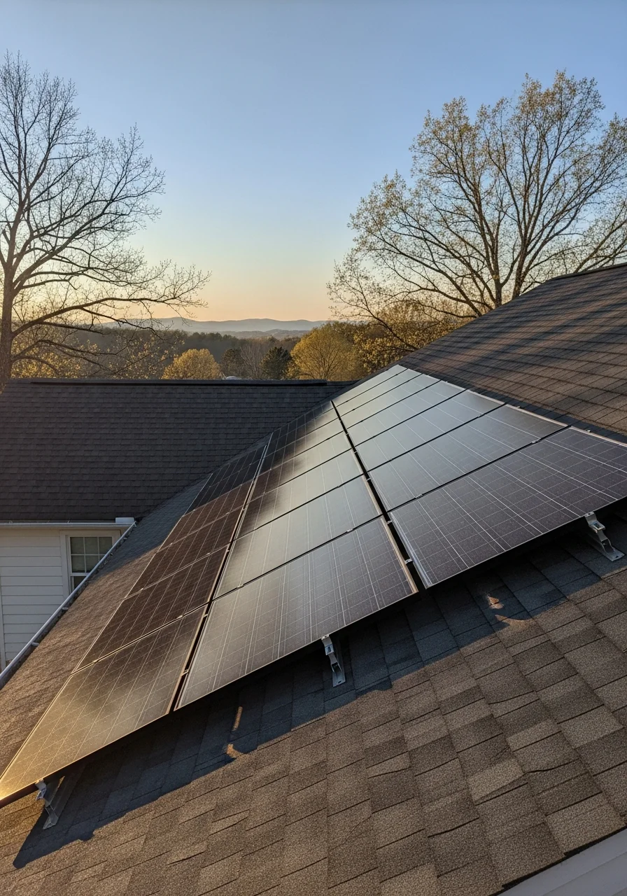 Solar panel installation on residential home in North Carolina with Blue Ridge Mountains visible in background