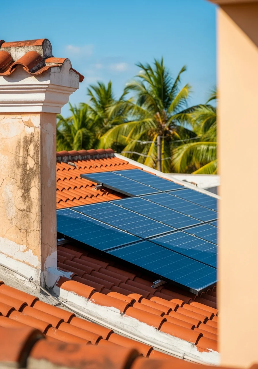 Solar panels installed on residential rooftop in Puerto Rico with blue sky and palm trees