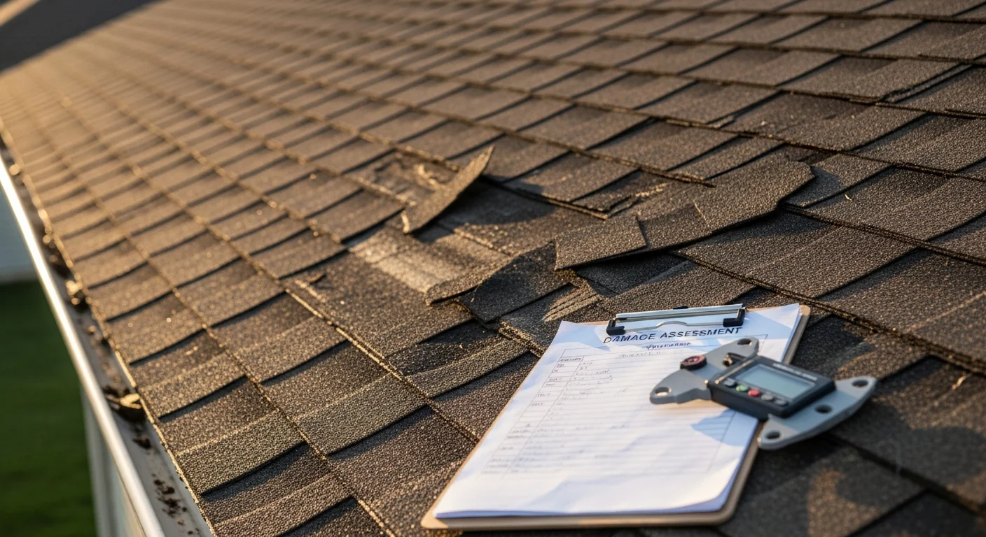 A roofing contractor from Nespola Solar Solutions inspecting storm-damaged roof shingles on a residential home. Close-up view shows hail impact marks and lifted material documented for an insurance claim review.