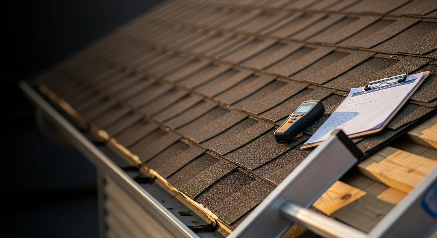 A Nespola Solar Solutions roofing contractor inspecting shingles, flashing, and gutters on a residential roof. The inspector documents findings on a clipboard during a professional roof inspection for a homeowner.