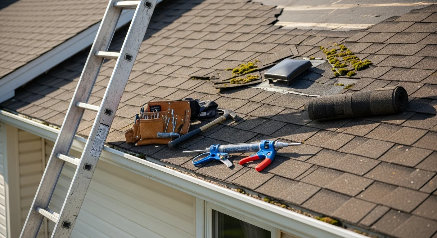 A residential rooftop with repaired shingles and intact flashing, showing a clean and structurally sound roof surface. Solar panels are mounted on the upper section of the roof, undisturbed after the repair work.