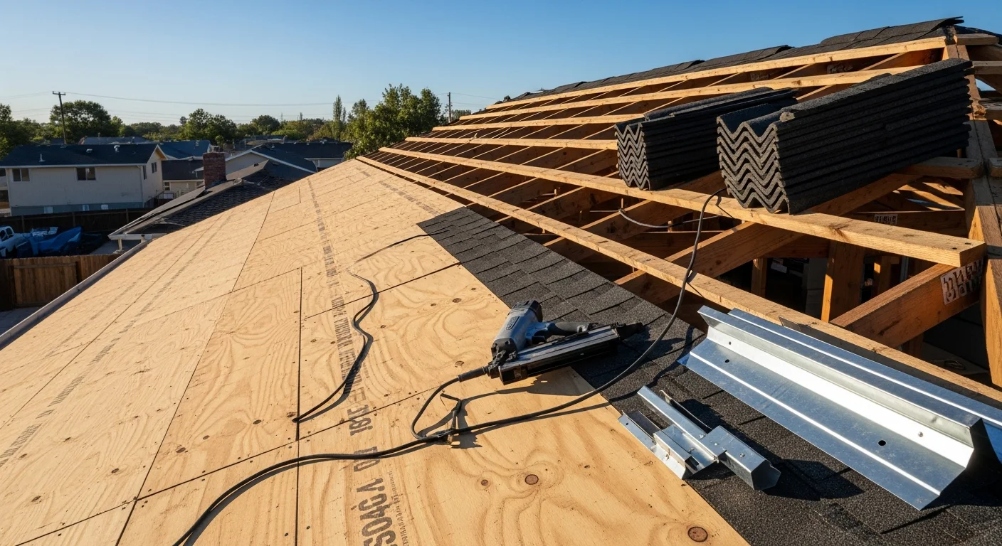 A completed residential roof replacement showing a clean, fully installed roofing system on a two-story home. The image shows uniform surface coverage, straight ridge lines, and proper edge finishing on a clear day.