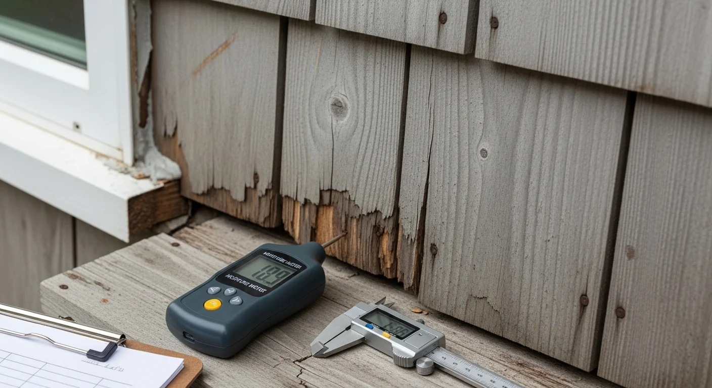 A siding contractor inspecting the exterior wall panels and trim of a residential home, checking for cracks, gaps, and moisture damage. Close-up view shows a gloved hand probing a seam near a window frame during a professional siding inspection.
