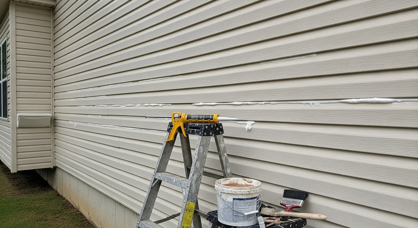 A siding contractor inspecting and resealing exterior wall panels on a residential home. Close-up view shows a technician checking panel seams and transition points for gaps, moisture damage, and surface wear.