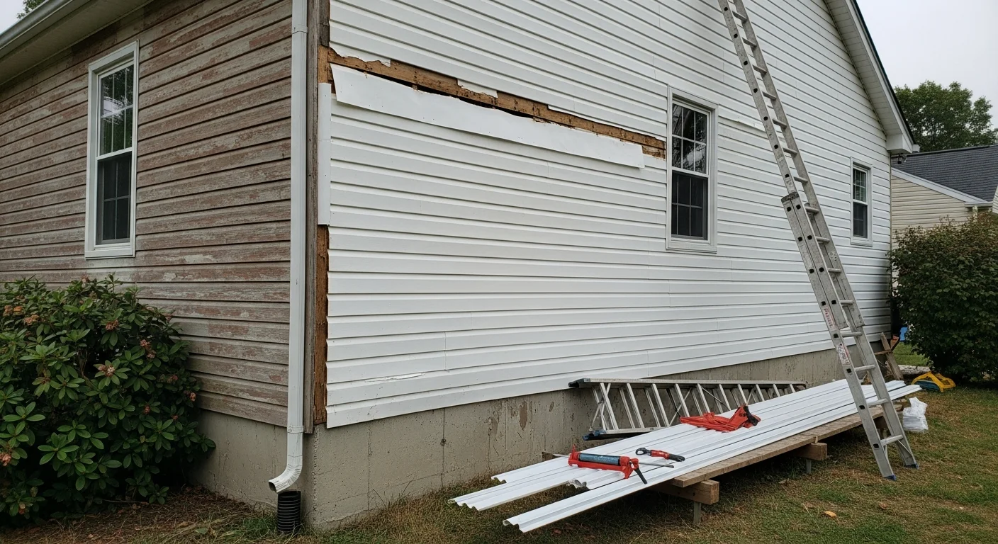 A residential home exterior showing repaired siding panels with no visible cracks or gaps along the wall. A Nespola Solar Solutions crew member inspects the finished repair on a single-family home in a US suburban neighborhood.