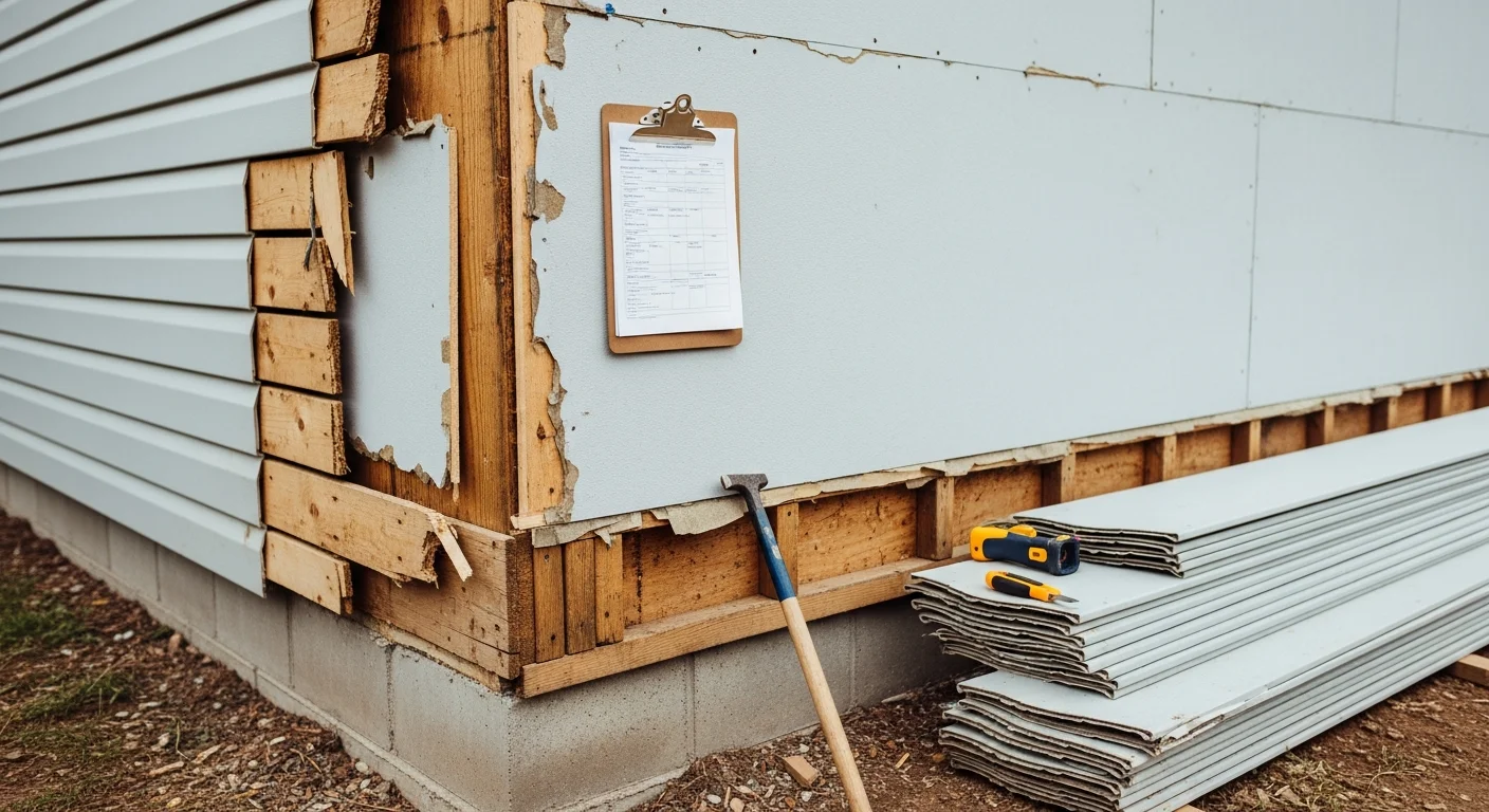 A residential home exterior showing freshly installed siding panels with clean trim lines and no visible damage. A Nespola Solar Solutions crew member inspects the finished wall surface during a siding replacement project.