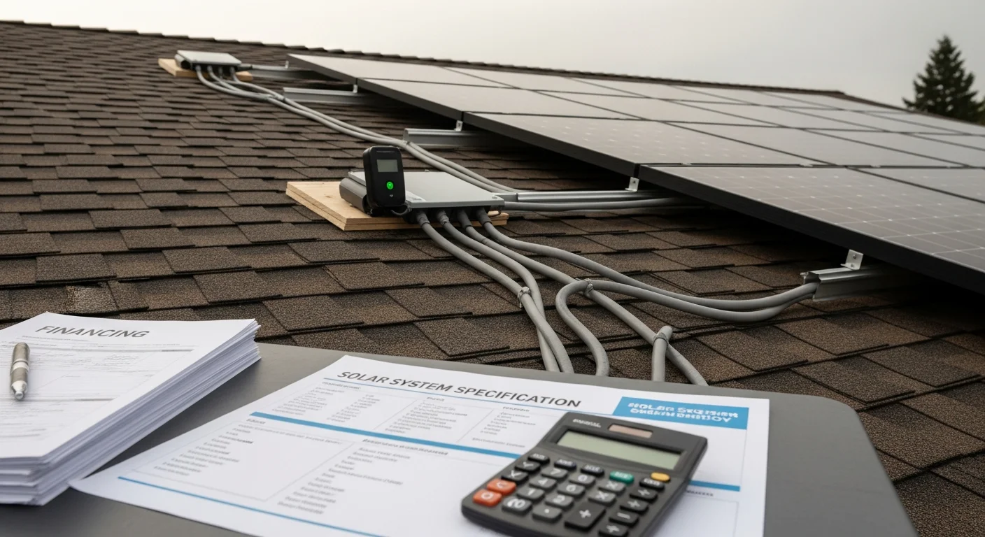 A residential home with solar panels installed on a pitched roof, representing an owned solar system financed through Nespola Solar Solutions. A homeowner reviews financing documents at a kitchen table with a solar contractor.