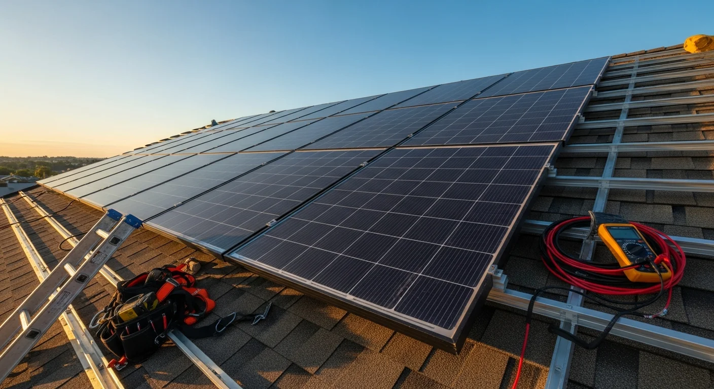 A residential home with solar panels mounted flush on a south-facing roof under clear sky. A Nespola Solar Solutions crew member inspects the completed panel array from the roofline.