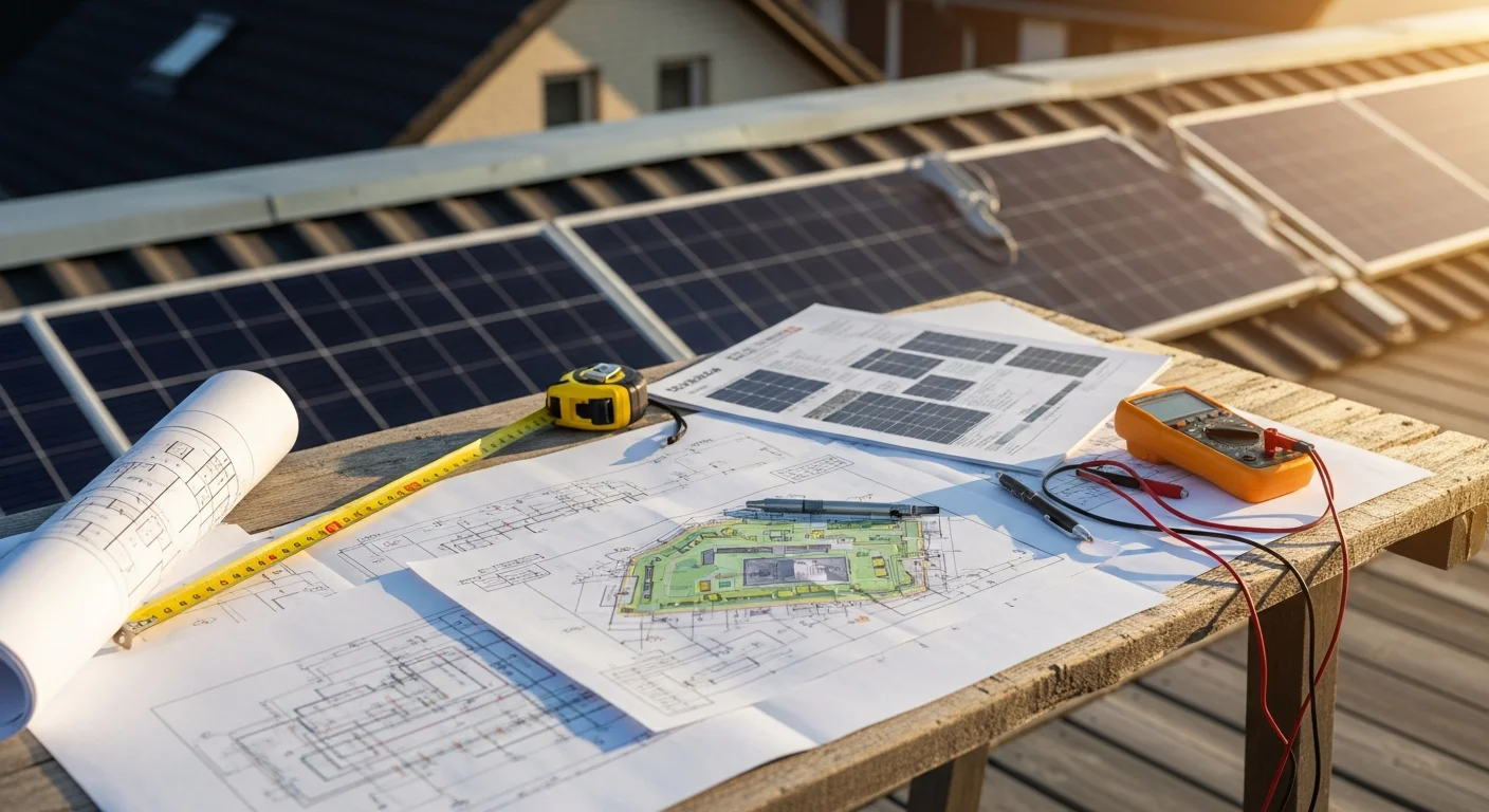 A detailed solar system design plan set showing panel layout and electrical schematic for a residential rooftop installation. The document includes array placement, string sizing, and site-specific notes prepared for AHJ review.